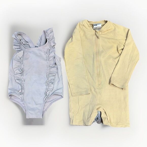 H&M Swimsuit Bundle Baby Girl Size 12M 18M One Piece Rashguard Neutral Colors - Picture 1 of 5